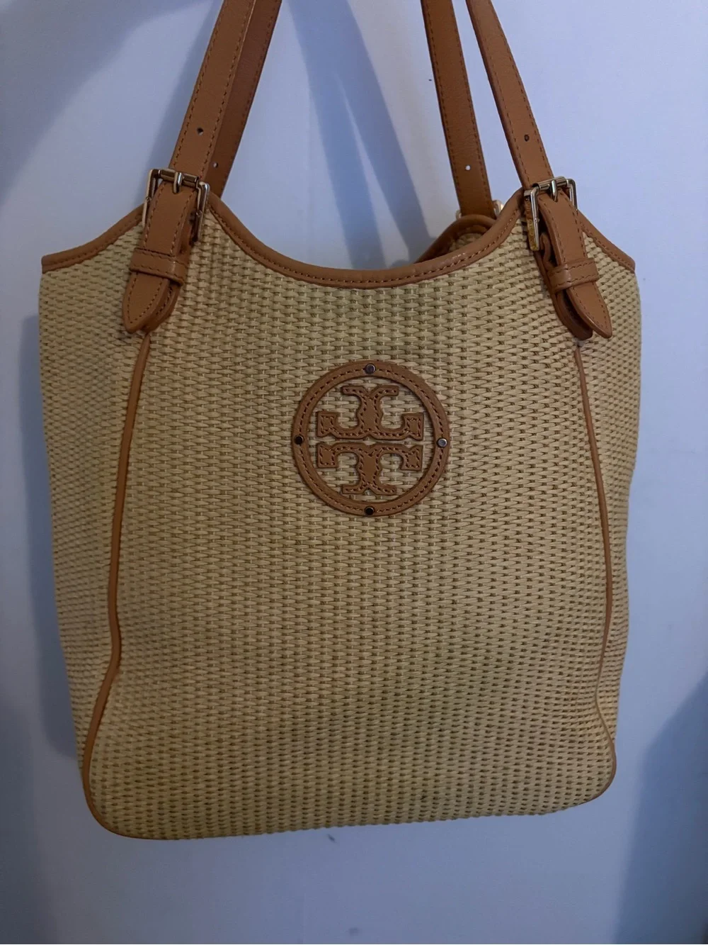 Tory Burch Beige Woven Tote with Leather Trim and Logo